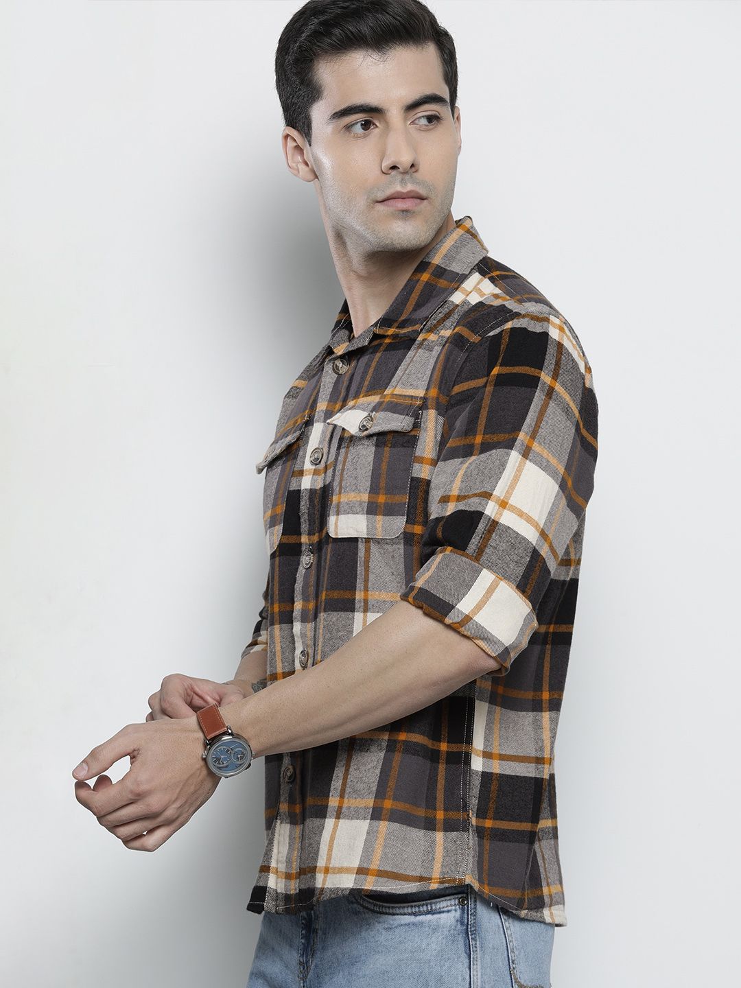 The Indian Garage Co Men Regular Fit Checked Double Flap Pocket Flannel Shirt