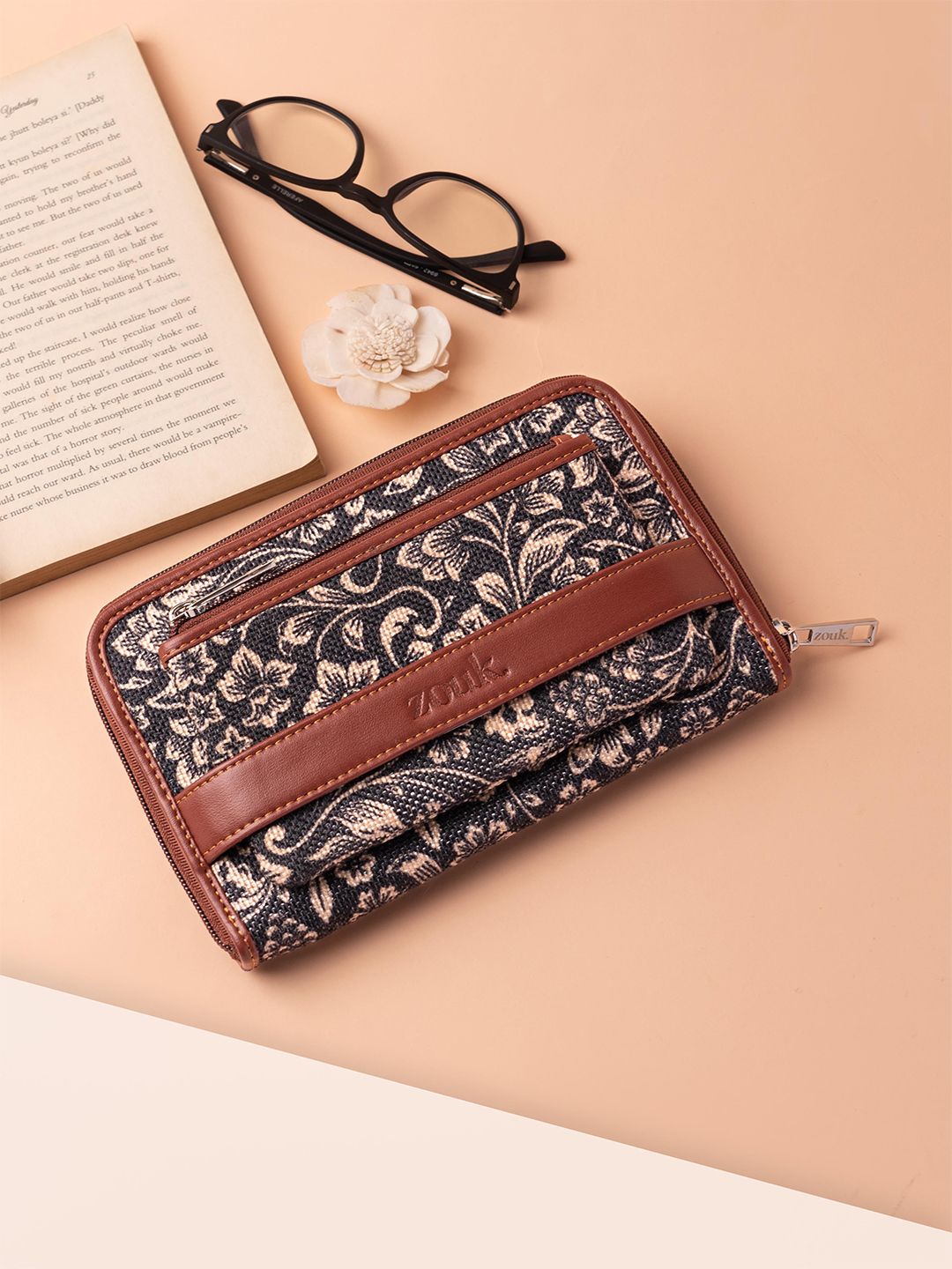 ZOUK Women Navy Blue & Brown Printed Vegan Leather Zip Around Wallet
