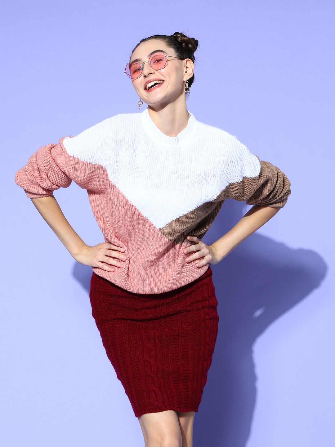 Berrylush Women White Colourblocked Block & Patch Sweater