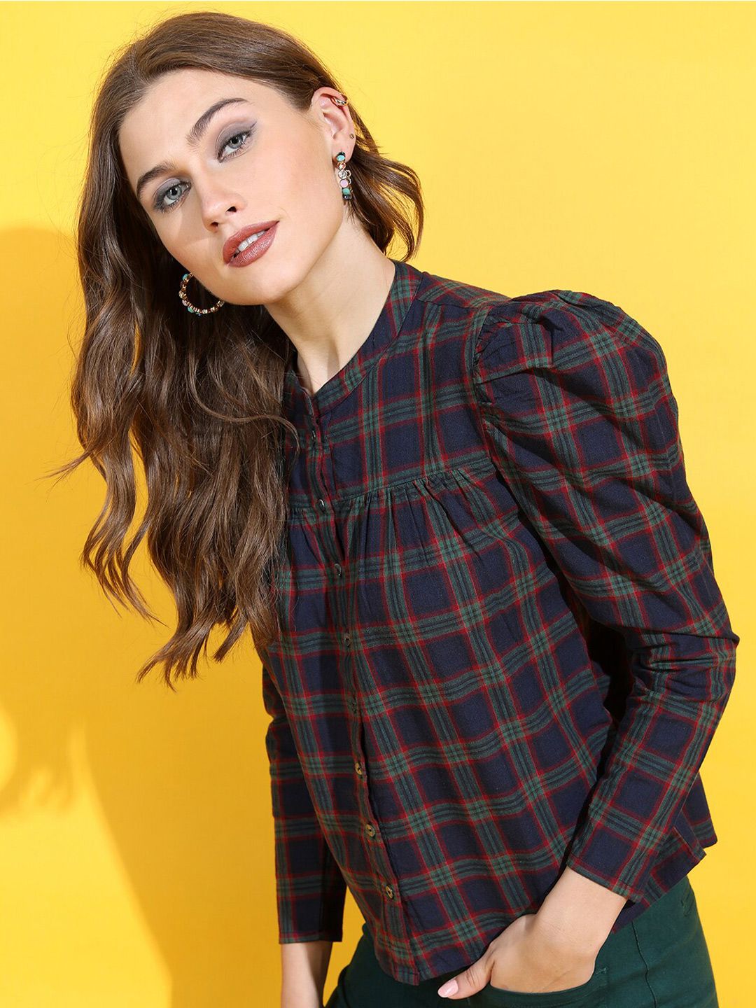 Tokyo Talkies Navy Blue Checked Mandarin Collar Pure Cotton Shirt Style Top