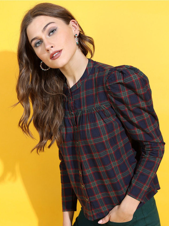 Tokyo Talkies Navy Blue Checked Mandarin Collar Pure Cotton Shirt Style Top