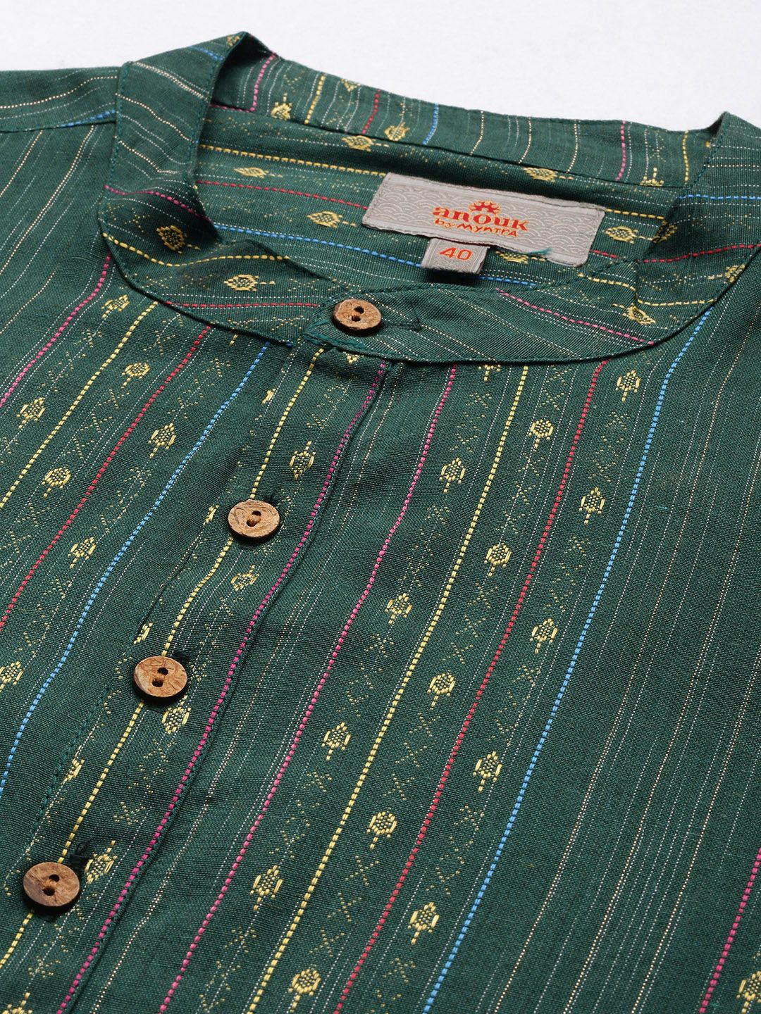 Anouk Men Green & Gold-Toned Striped Thread Work Straight Short Kurta
