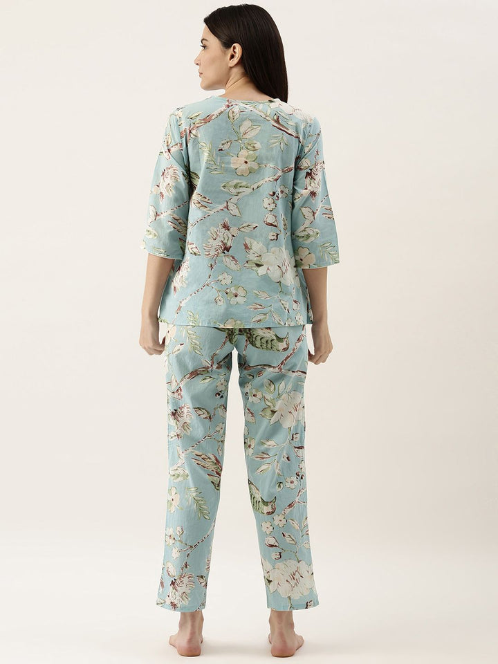 SANSKRUTIHOMES Women Sea Green Pure Cotton Floral Print Pyjama Set