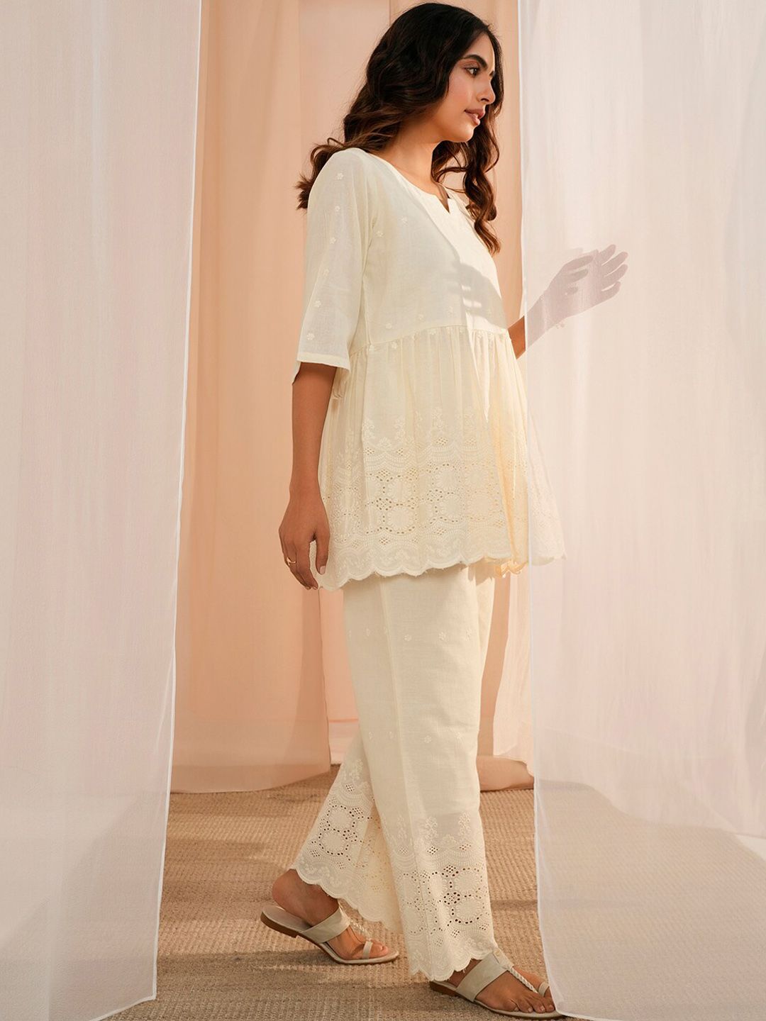 Libas Off White Self Design Round Neck Pure Cotton Kurti With Palazzos
