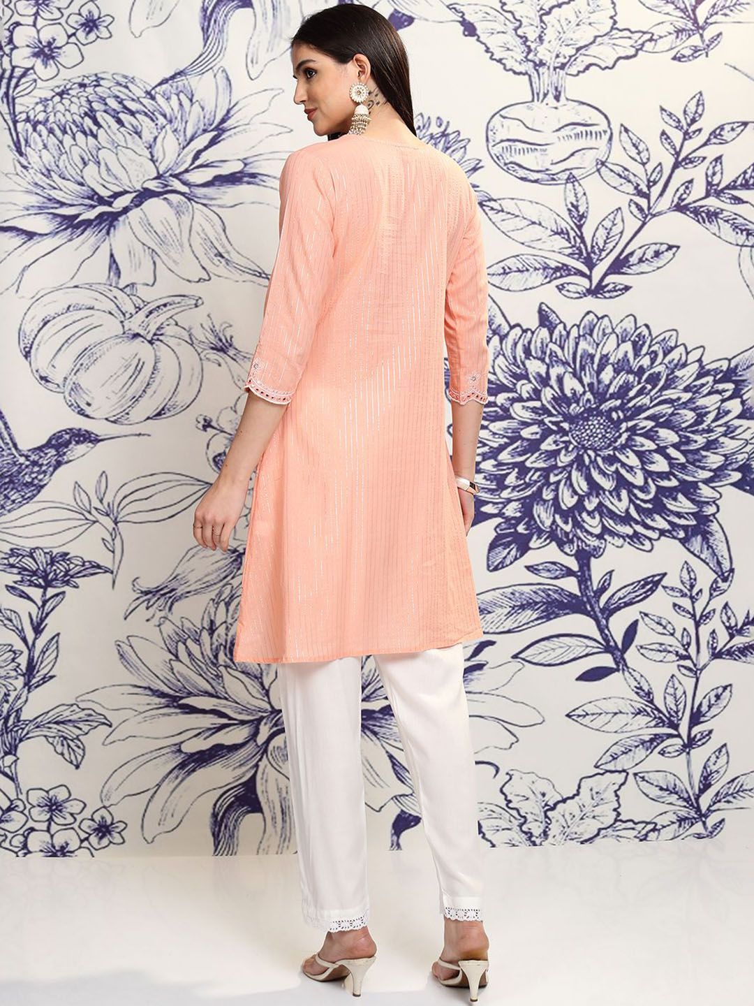 Vishudh Peach Round Neck Floral Embroidered Regular Pure Cotton A-Line Kurta with Trousers