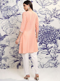 Vishudh Peach Round Neck Floral Embroidered Regular Pure Cotton A-Line Kurta with Trousers