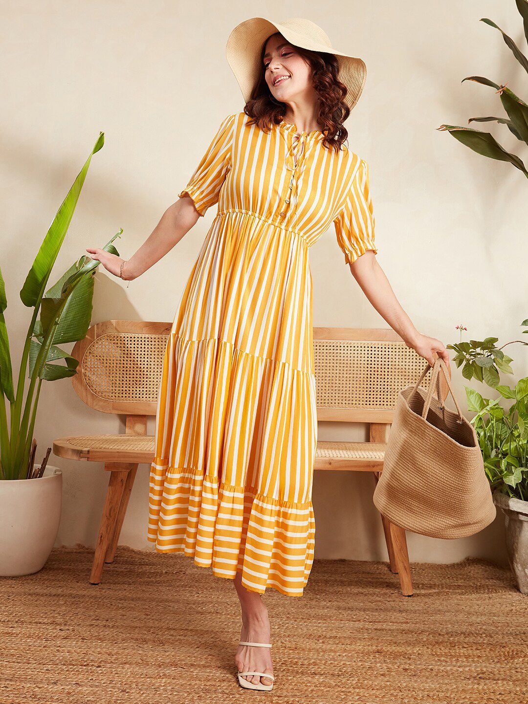 Berrylush Yellow Striped Tie-Up Neck Puff Sleeves Gathered Tiered Fit & Flare Midi Dress