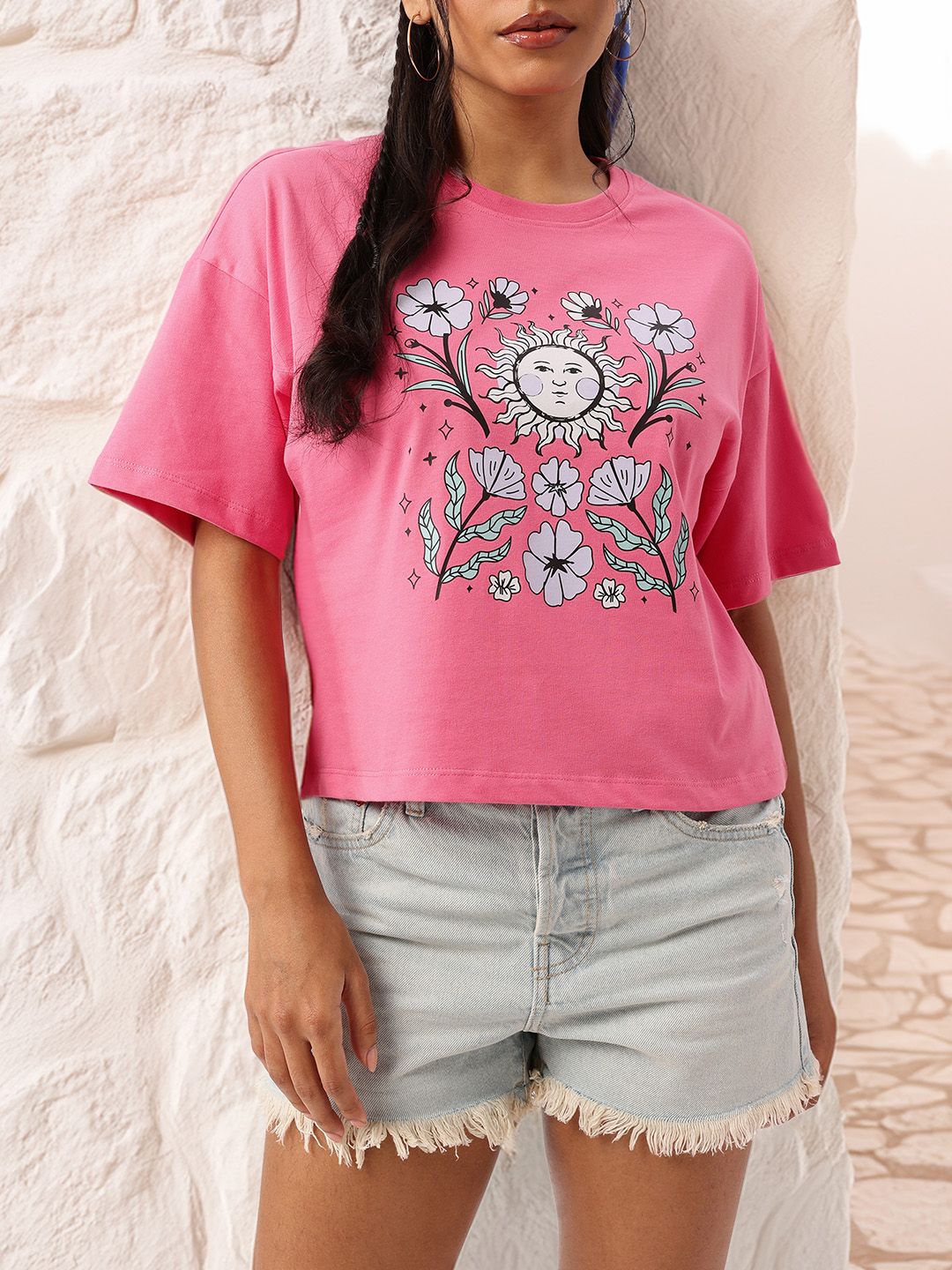 DressBerry Sunshine Smiles Elegantly Feminine Printed Boxy Crop T-shirt
