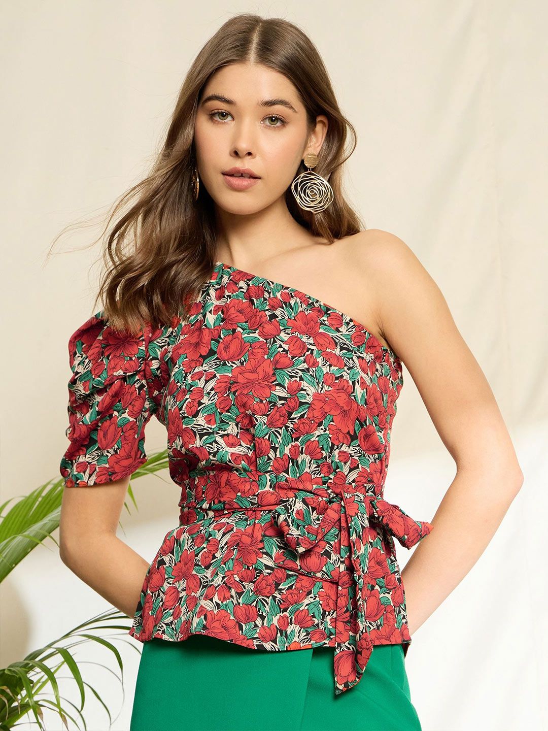 Berrylush Floral Print One Shoulder Puff Sleeve Peplum Top