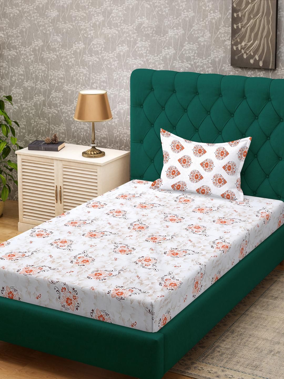 KLOTTHE Orange Floral Cotton Single Bedsheets