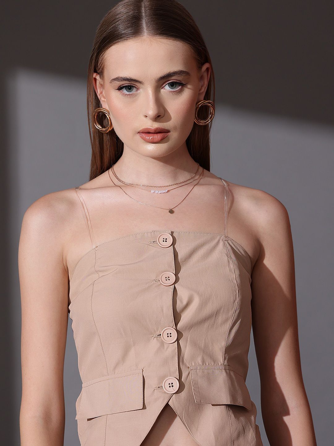 STREET 9 Solid Off Shoulder Shirt With Flared Trousers Co-Ords