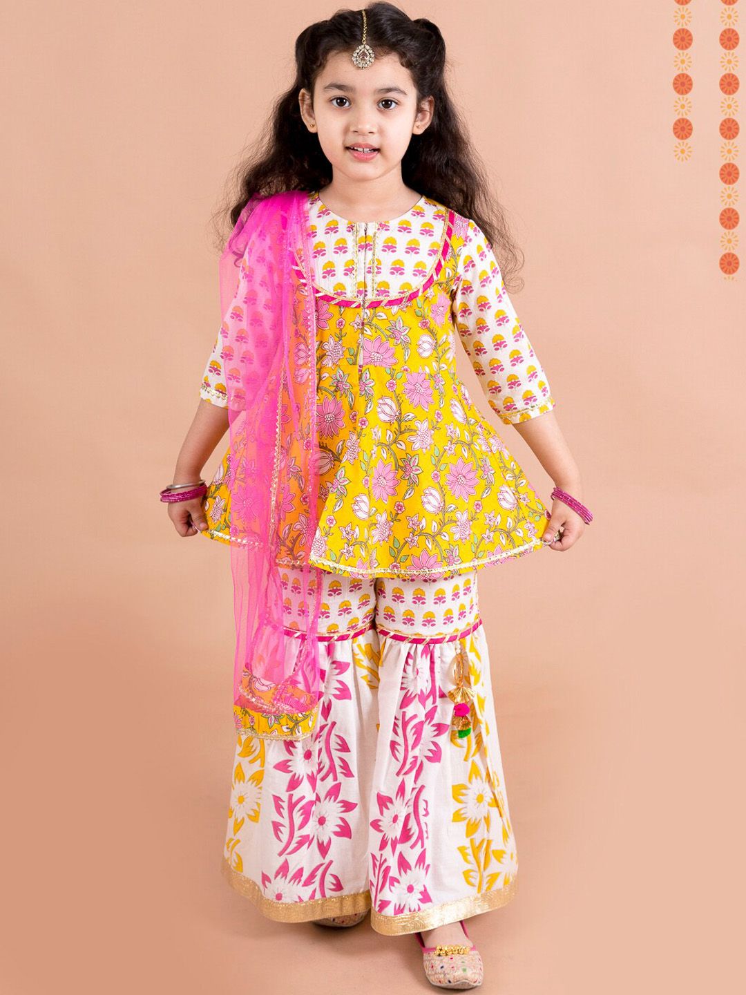 pspeaches Girls Yellow Floral Printed Empire Pure Cotton Kurti with Sharara & With Dupatta