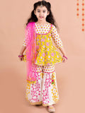 pspeaches Girls Yellow Floral Printed Empire Pure Cotton Kurti with Sharara & With Dupatta