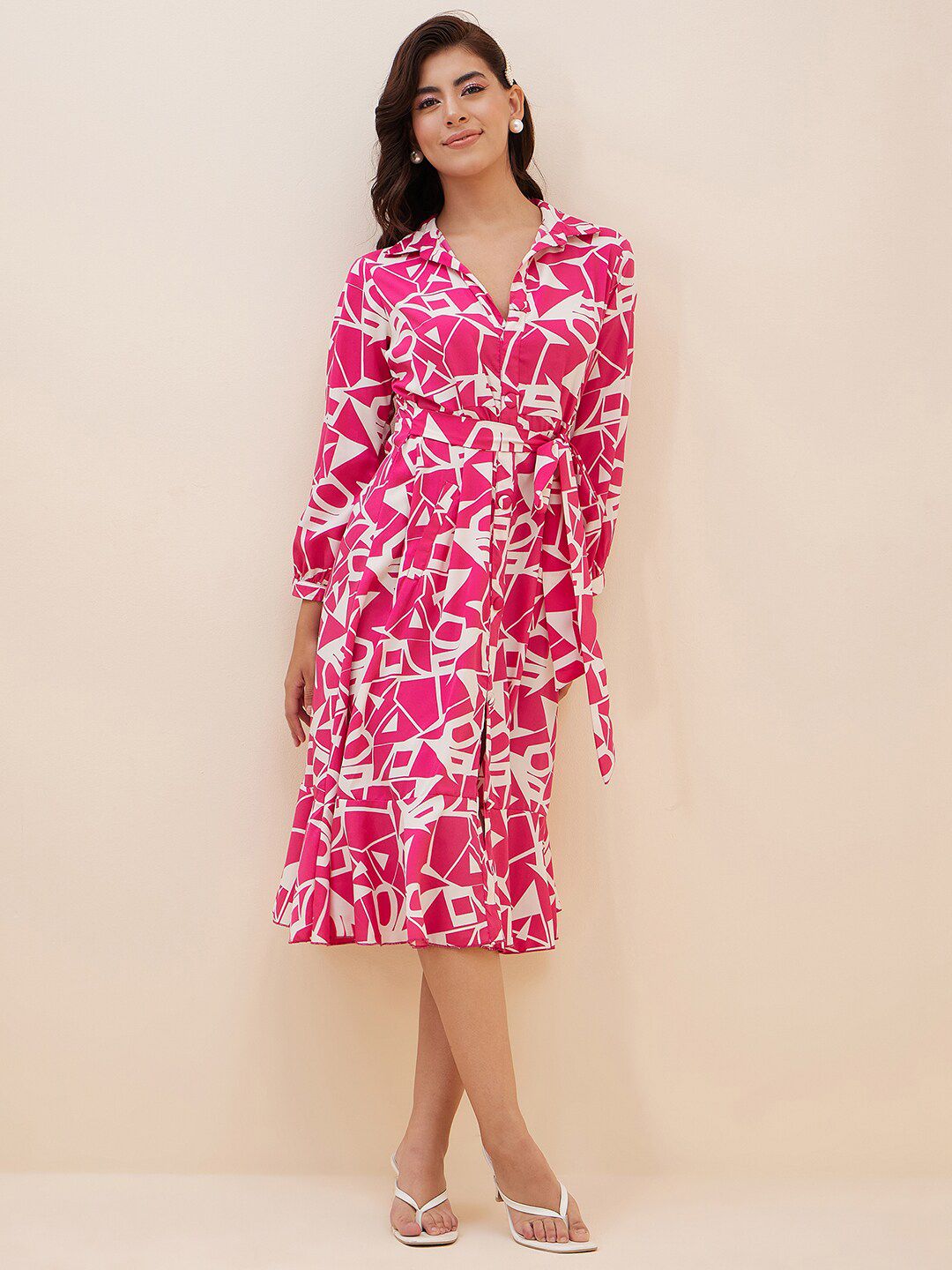 Antheaa Geometric Printed Shirt Style Midi Dress