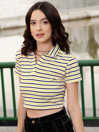 STREET 9 Black Striped Polo Collar Pure Cotton T-shirt