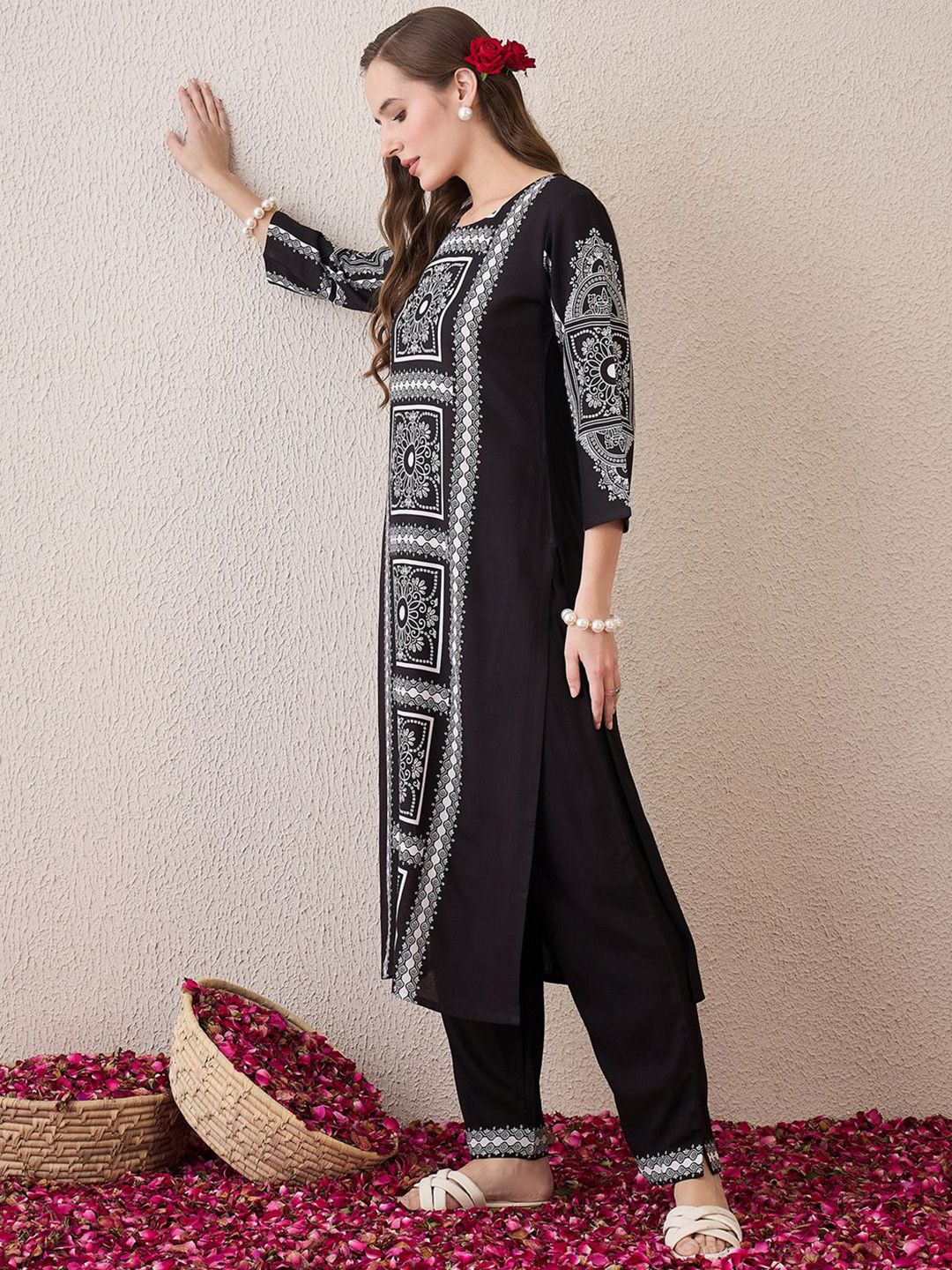 Indo Era Floral Printed Round Neck Pure Cotton Straight Kurta With Trousers