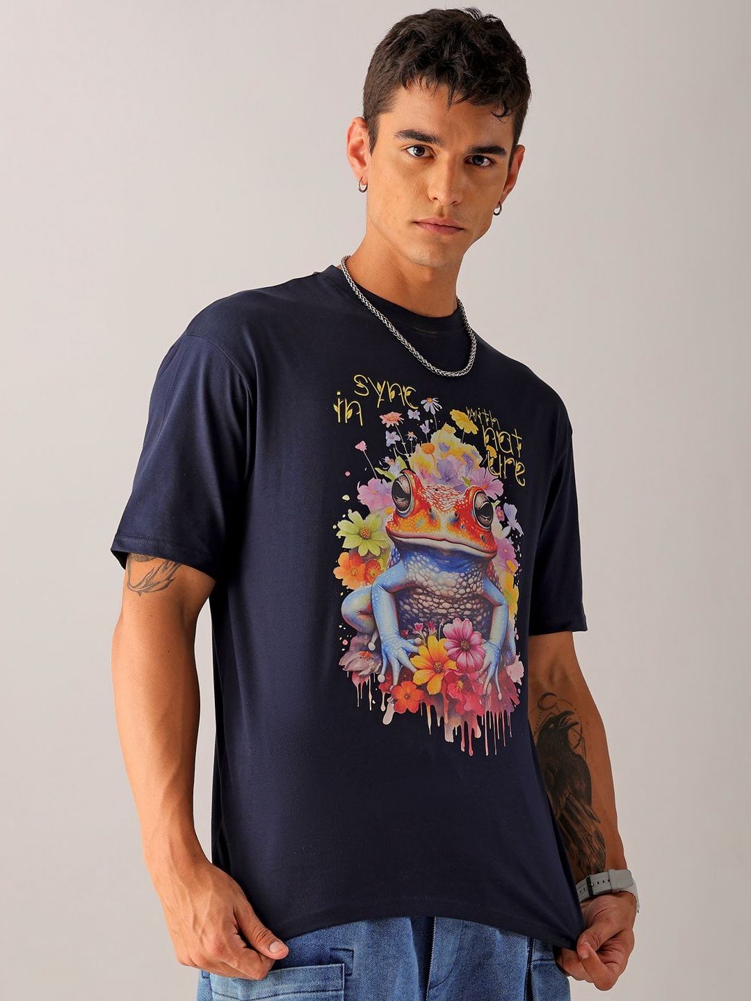 The Indian Garage Co Men Pure Cotton Back Printed Boxy Oversized Round Neck T-shirt