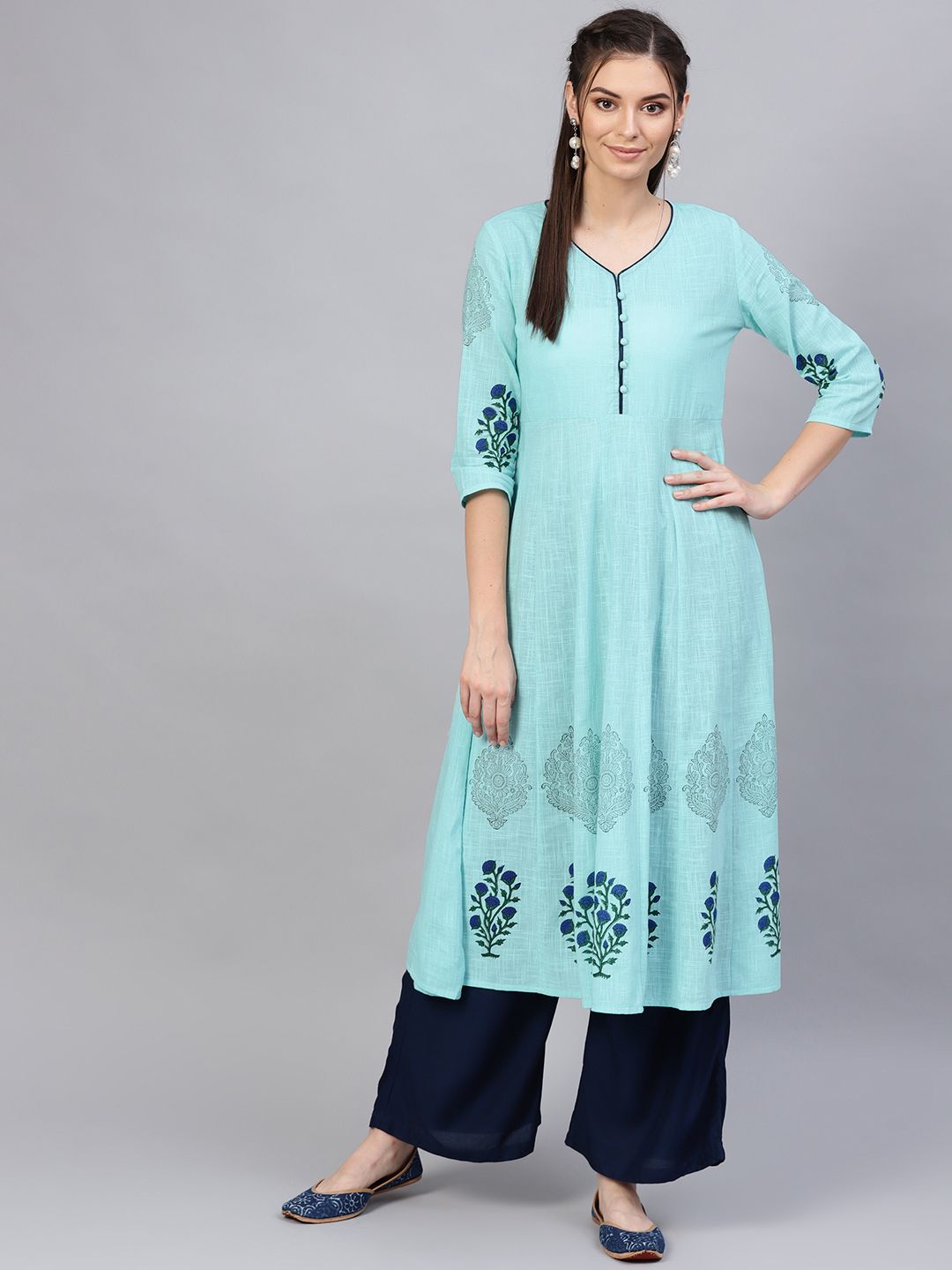 SOJANYA Women Blue Block Print Anarkali Kurta