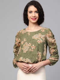 SASSAFRAS Olive Green & Beige Floral Georgette Blouson Top