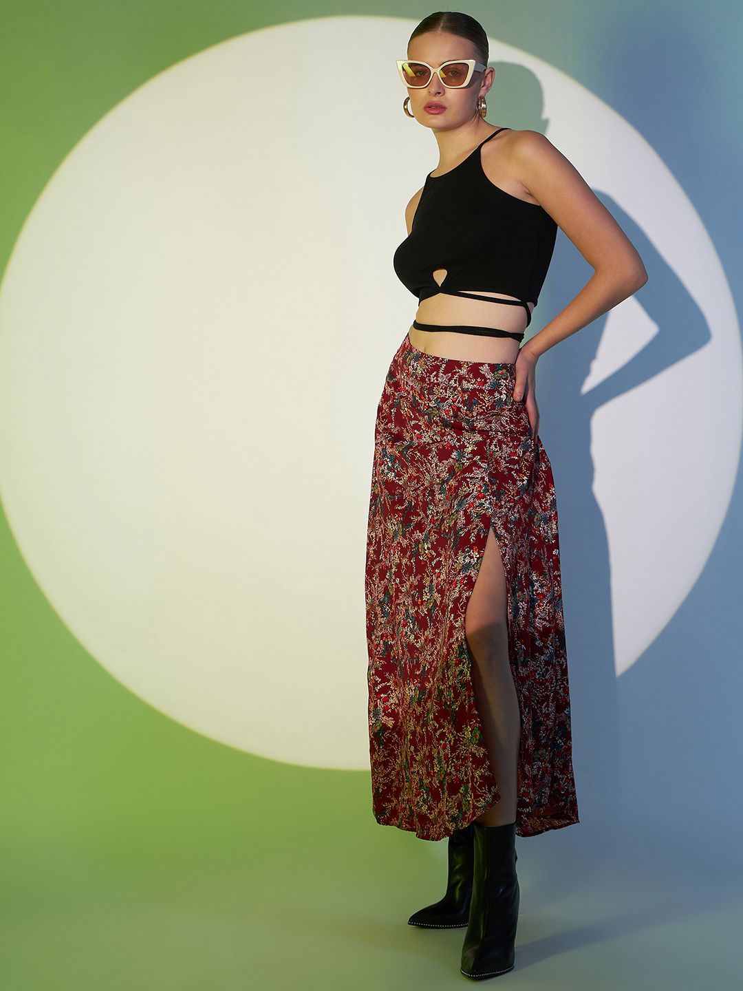 Berrylush Maroon Floral Printed High Rise A-line Maxi Skirt