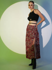 Berrylush Maroon Floral Printed High Rise A-line Maxi Skirt