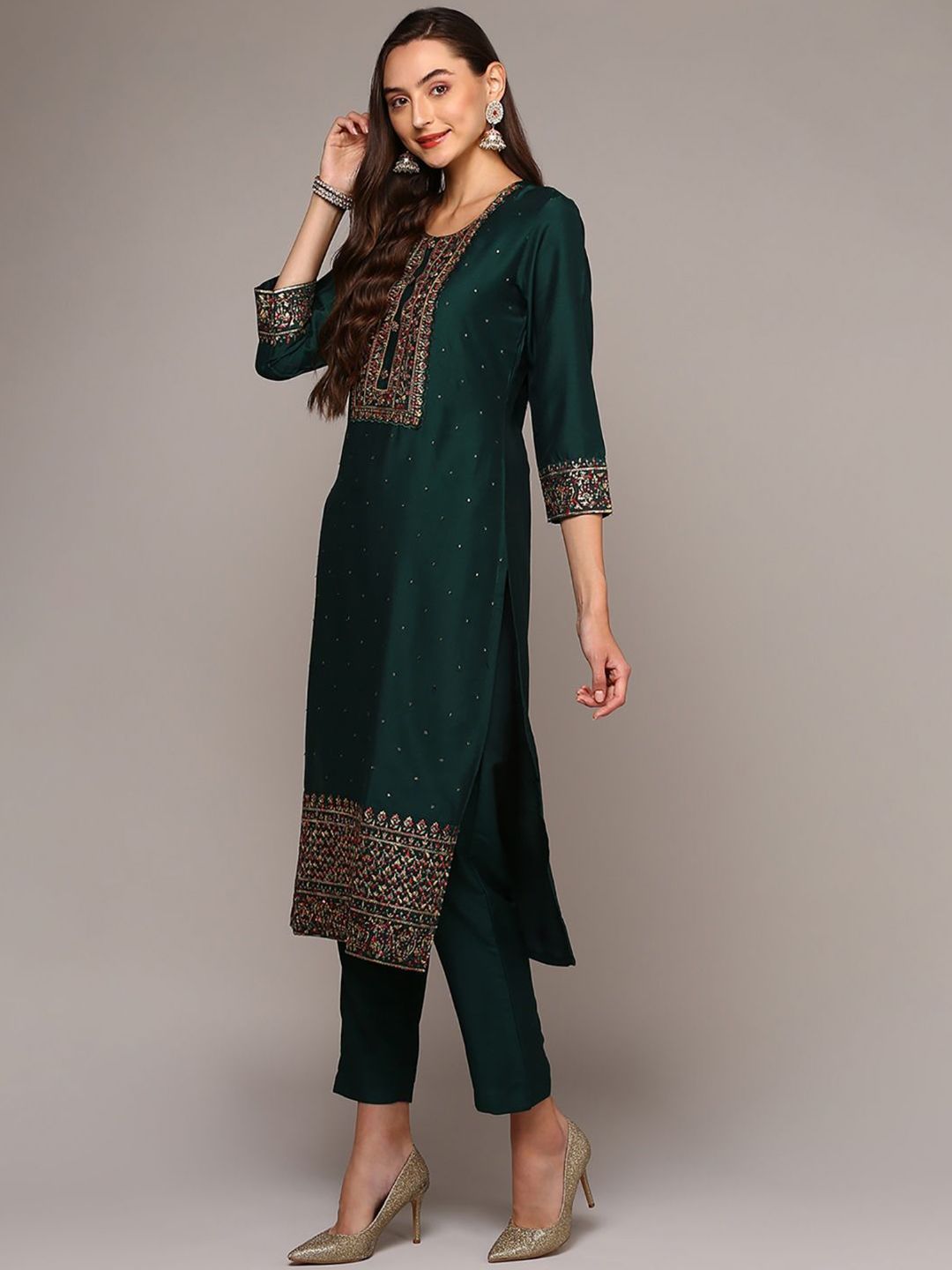 KALINI Floral Embroidered Regular Thread Work Kurta with Trousers & With Dupatta