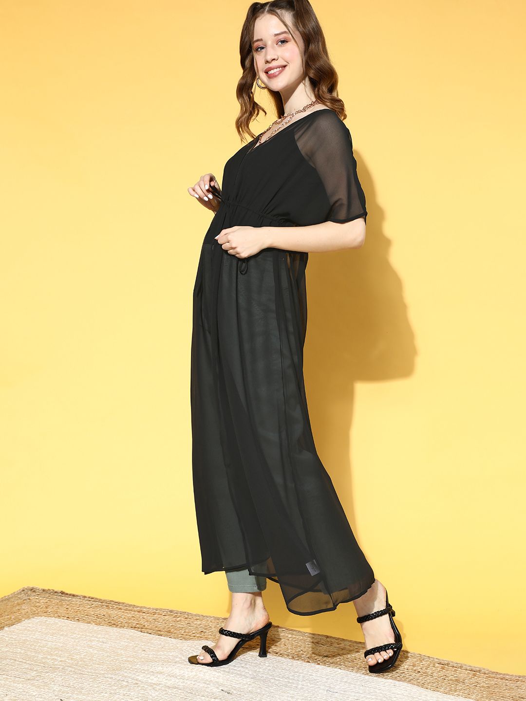 Berrylush Women Stylish Black Solid Sheer Shrug