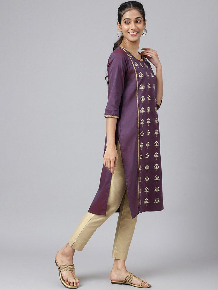 AURELIA Women Purple Floral Thread Work Kurta