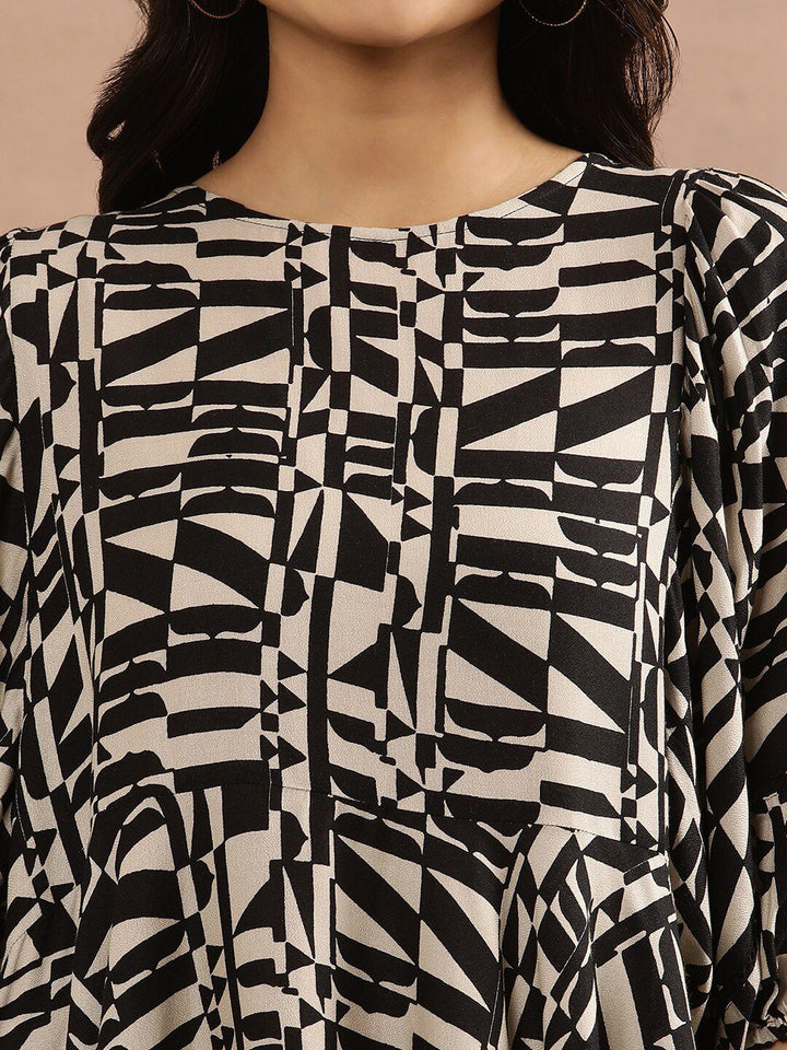 W Beige & Black Geometric Printed A-Line Top