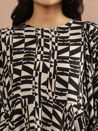 W Beige & Black Geometric Printed A-Line Top