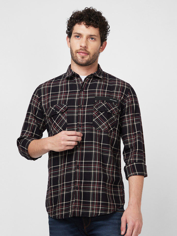 SPYKAR Tartan Checked Spread Collar Denim Casual Cotton Shirt