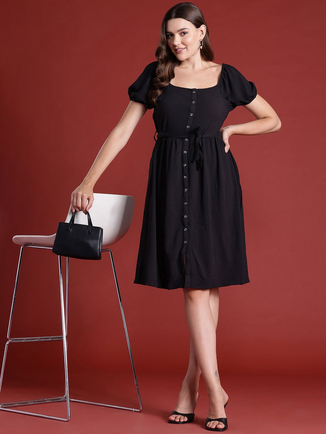 all about you Puff Sleeve Belted A-Line Dress