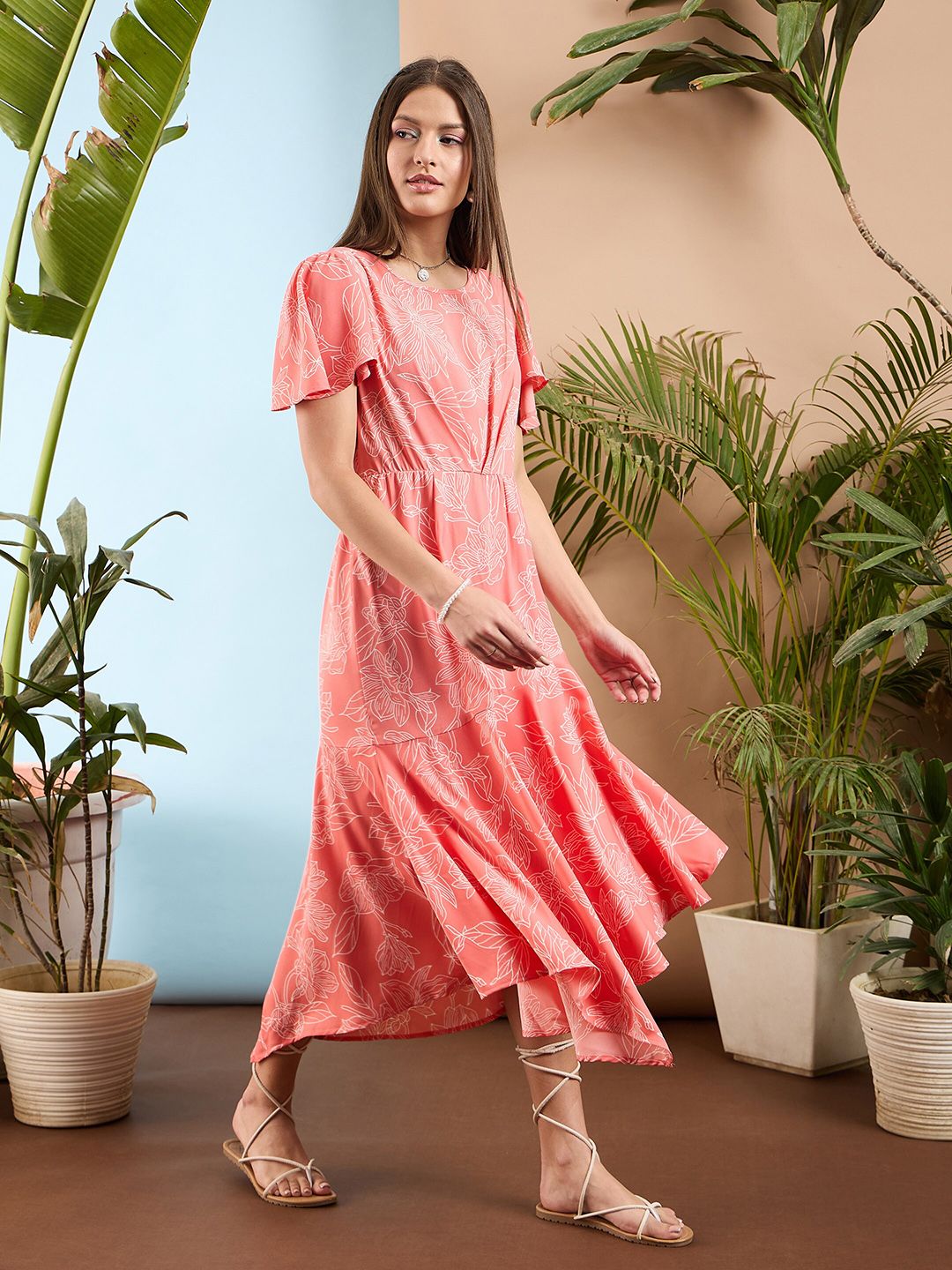 SASSAFRAS Floral Print Flared Sleeve Asymmetric Fit & Flare Maxi Dress