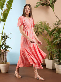 SASSAFRAS Floral Print Flared Sleeve Asymmetric Fit & Flare Maxi Dress