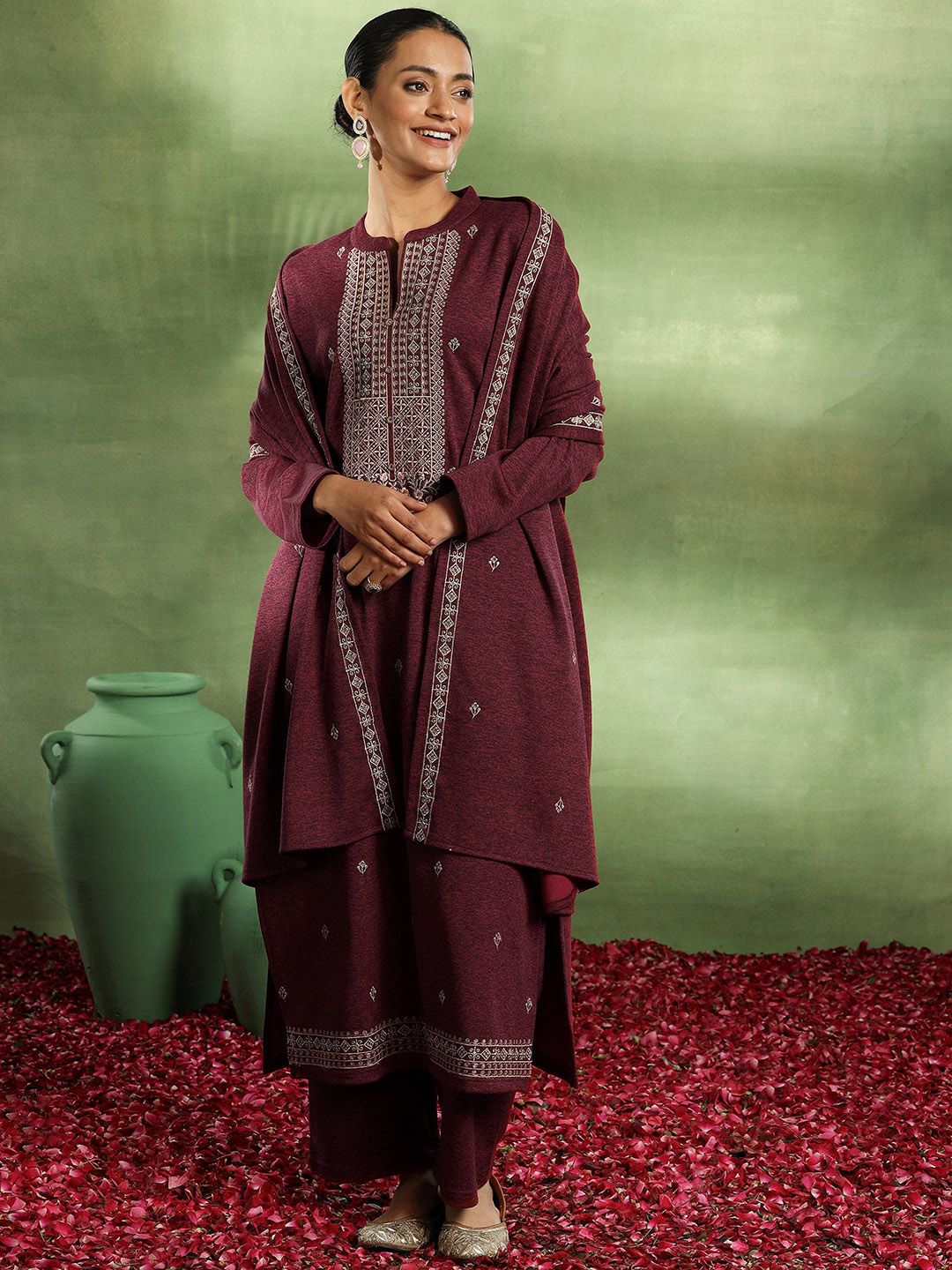Libas Floral Embroidered Thread Work Kurta with Trouser & Dupatta