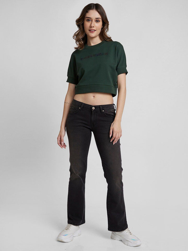 SPYKAR Printed Regular FIt Round Neck Crop Sweatshirt