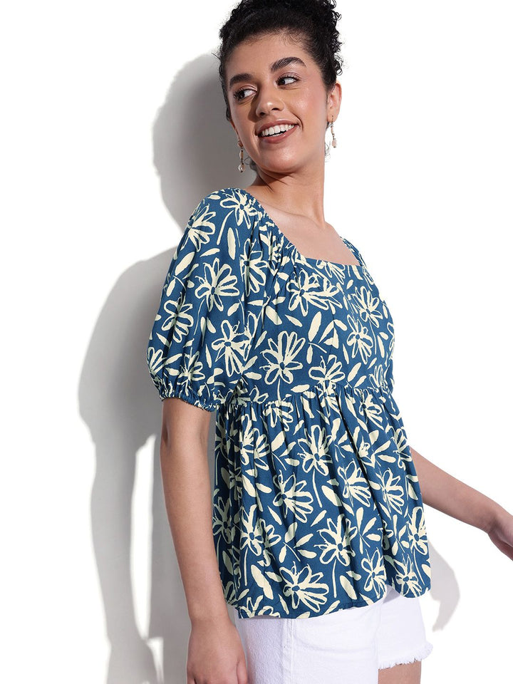 DressBerry Puff Sleeves Floral Printed A-Line Top
