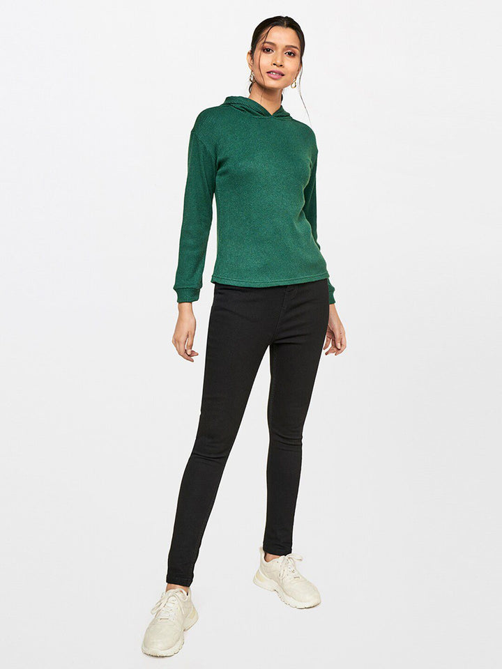AND Women Green Solid Hooded Top