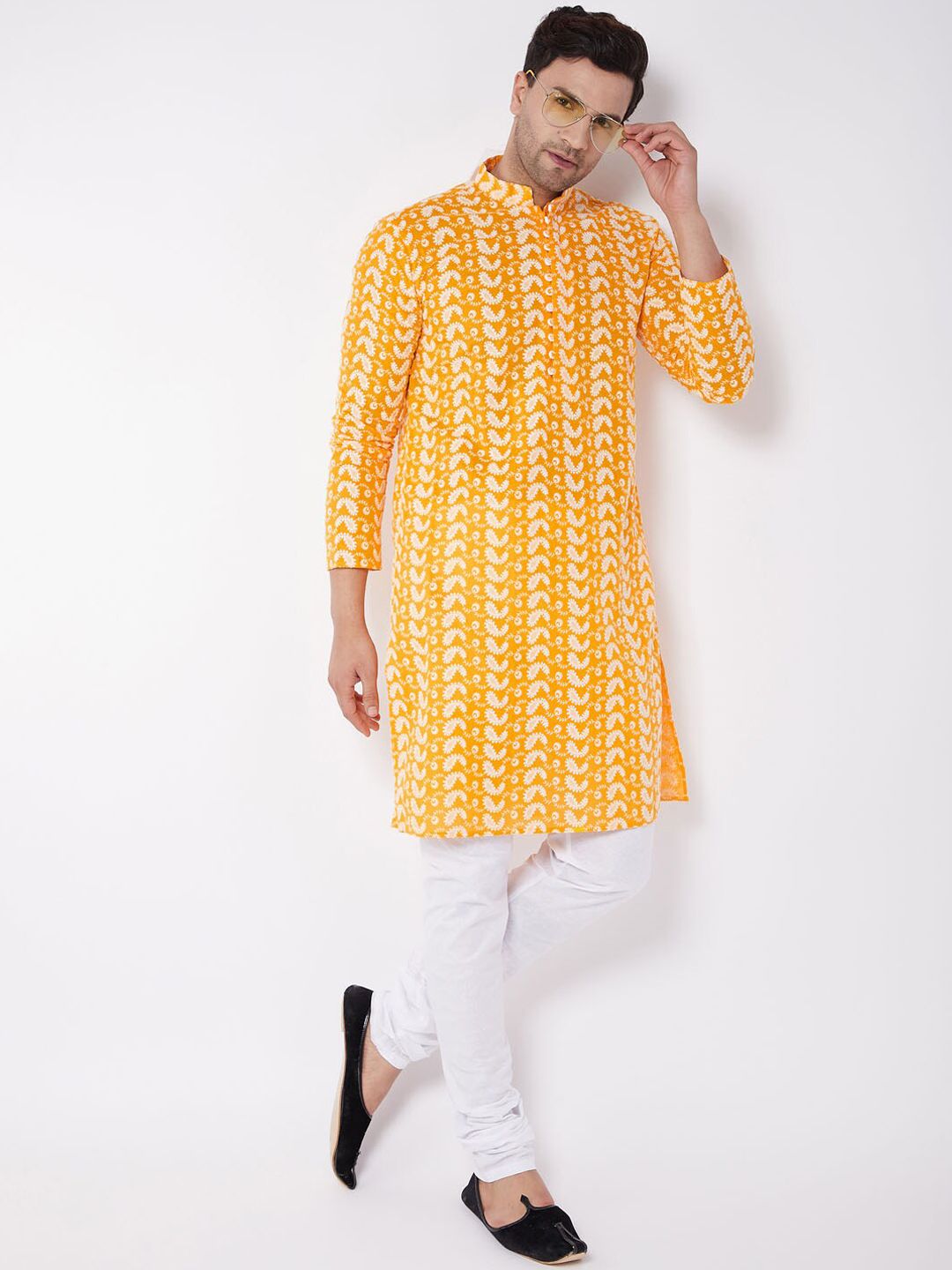 VASTRAMAY Men Orange And White Chikankari Kurta Pyjama Set