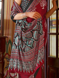 Saree mall modal Ajrak Block Poly Crepe Bagru SareesWith Blouse Piece