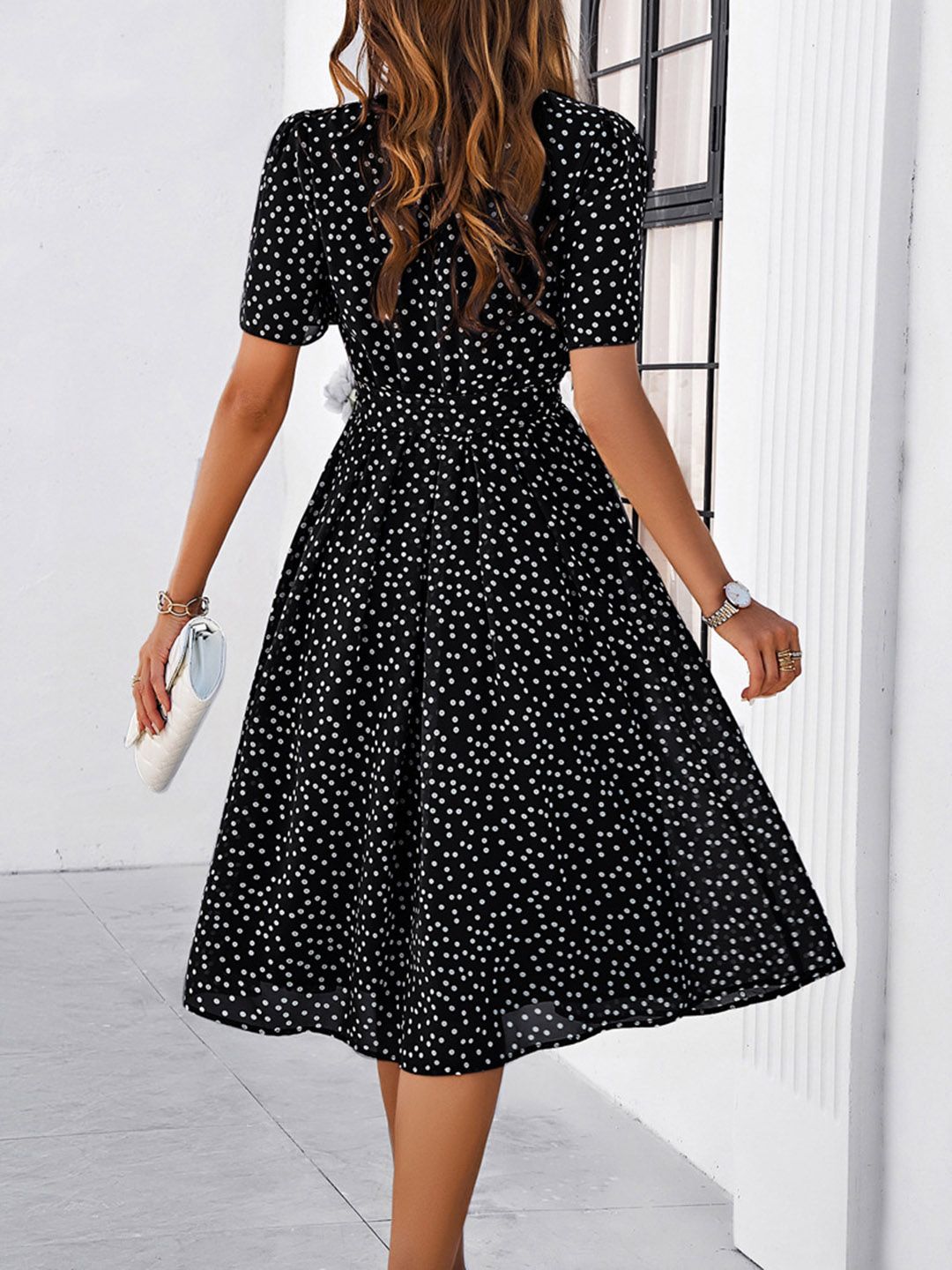 all about you Black Polka Dots Printed Flared Fit & Flare Dress