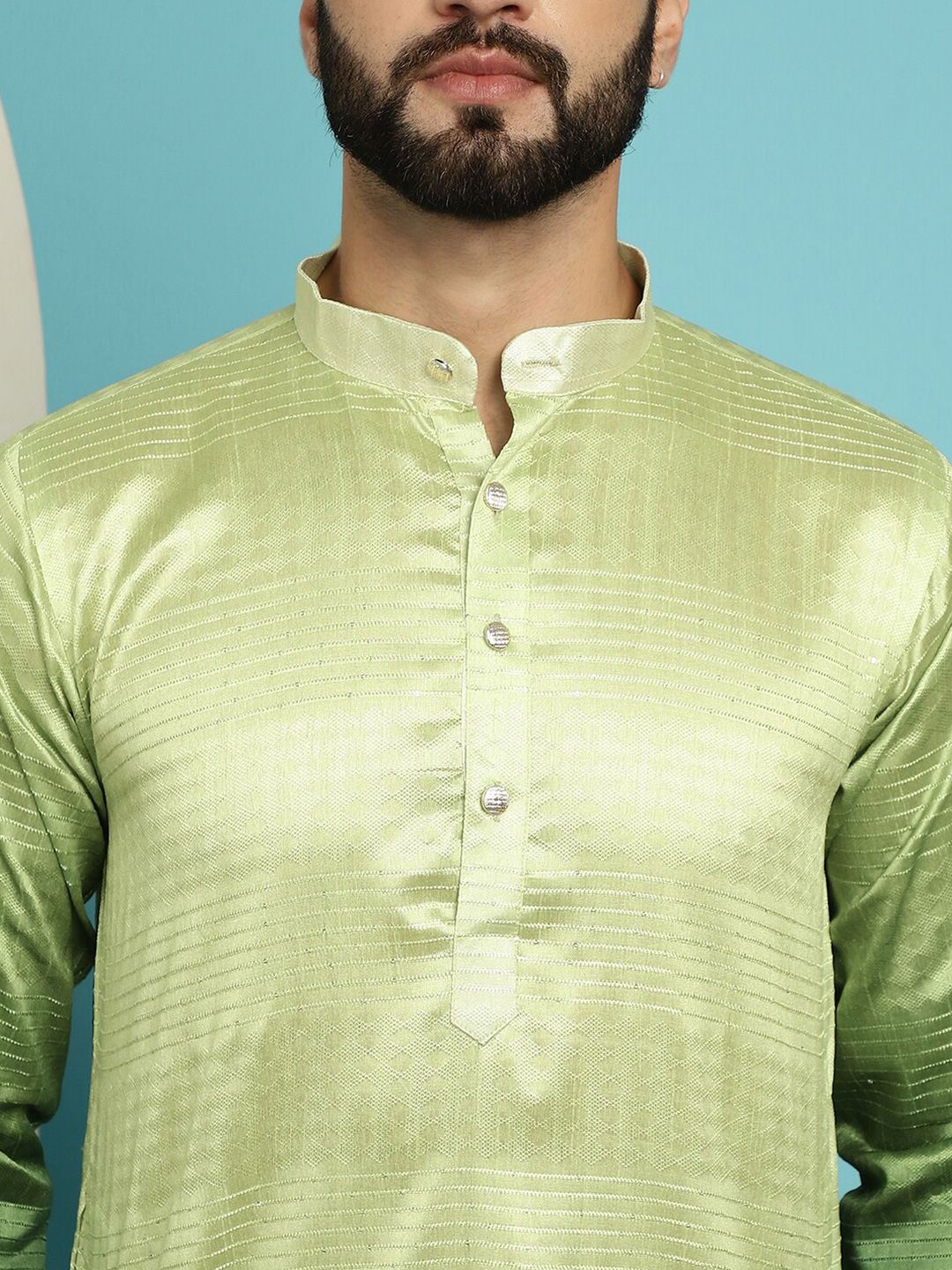 SOJANYA Striped Woven Design Sequinned Jacquard Mandarin Collar Kurta With Churidar