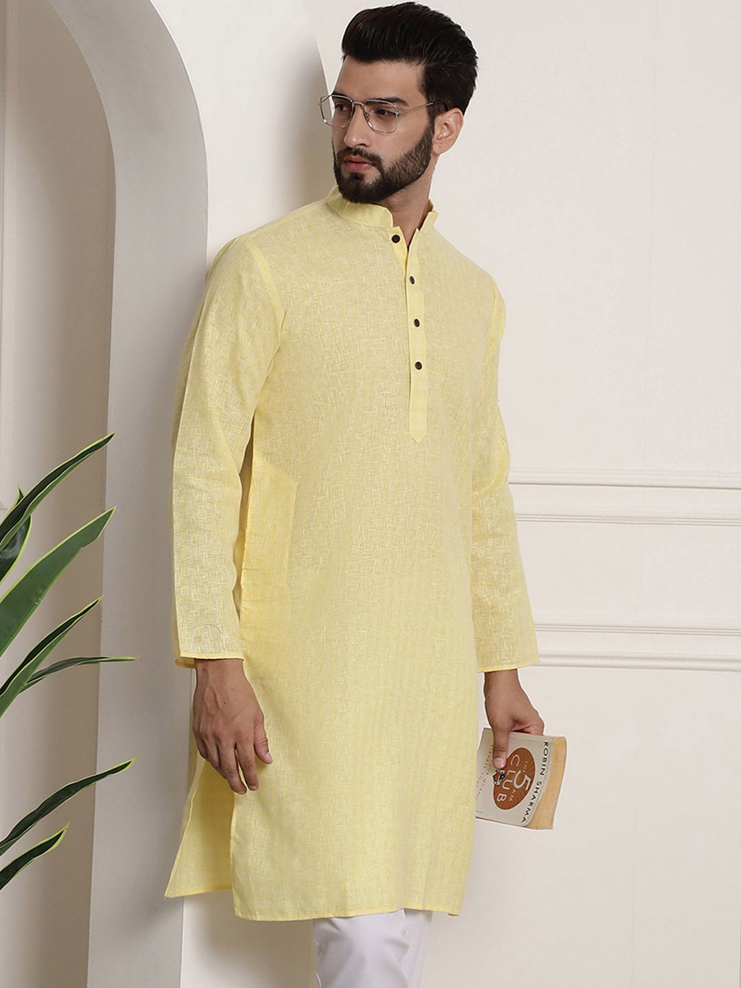 SOJANYA Men Yellow Dobby Self-Checked Straight Kurta