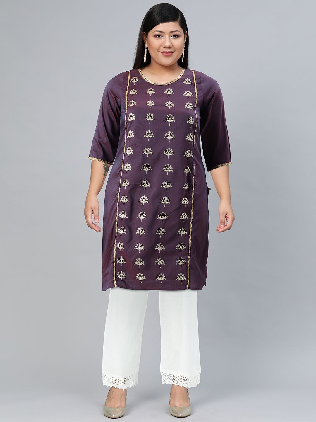 AURELIA Women Purple Floral Thread Work Kurta
