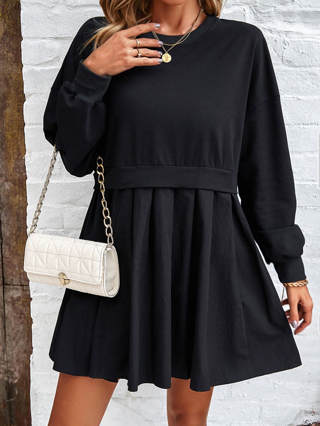 all about you Round Neck Cuffed Sleeves Pleated Cotton Fit & Flare Dress