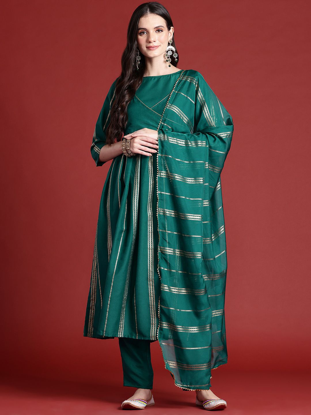 Anouk Striped A-Line Kurta with Trousers & Dupatta