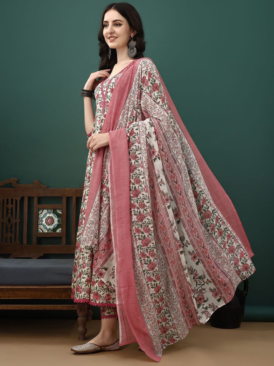 KALINI Floral Printed Pure Cotton Anarkali Kurta With Trousers & Dupatta