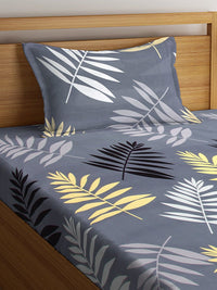 KLOTTHE Grey Leaf 300 TC Single Fine Bedsheet with 1 Pillow Cover-225 x 150 cm