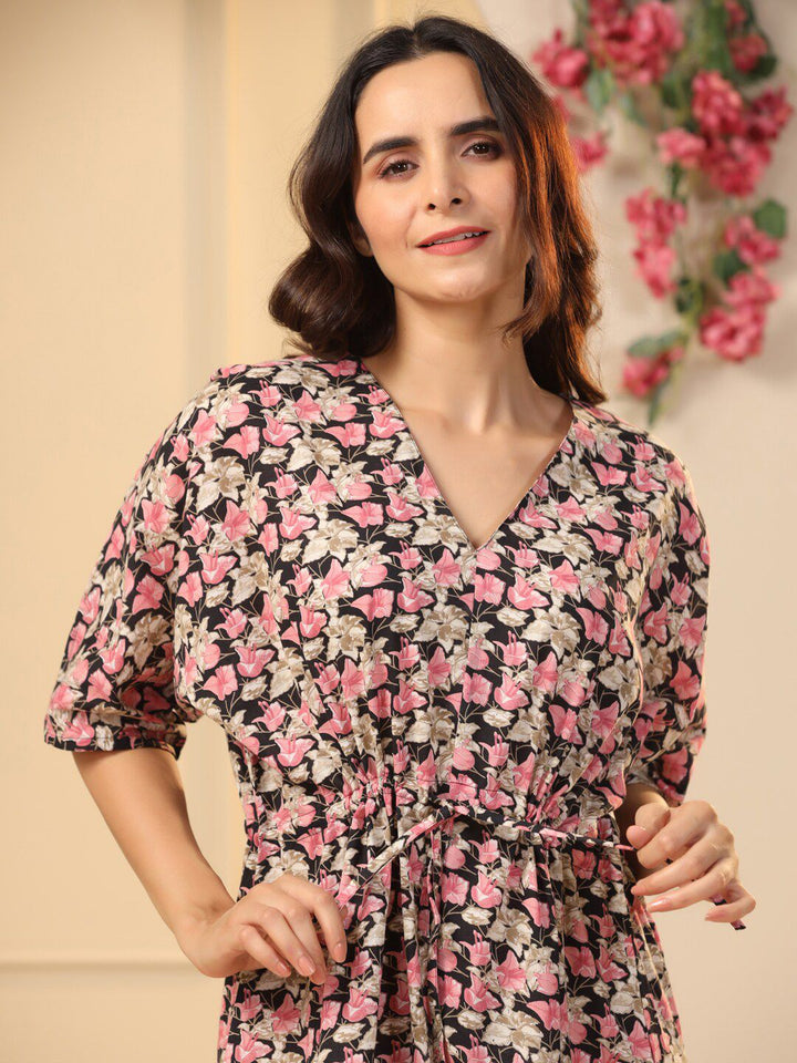 SANSKRUTIHOMES Black Floral Printed Pure Cotton Maxi Nightdress