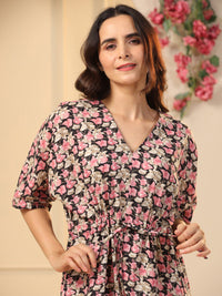 SANSKRUTIHOMES Black Floral Printed Pure Cotton Maxi Nightdress